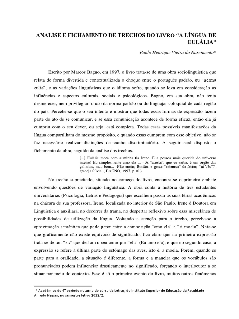 Resumo Critico Do Livro A Lingua De Eulalia