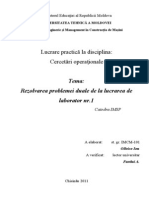 Lucrare Practică La Disciplina: Cercetări Operaţionale: Tema: Rezolvarea Problemei Duale de La Lucrarea de Laborator nr.1