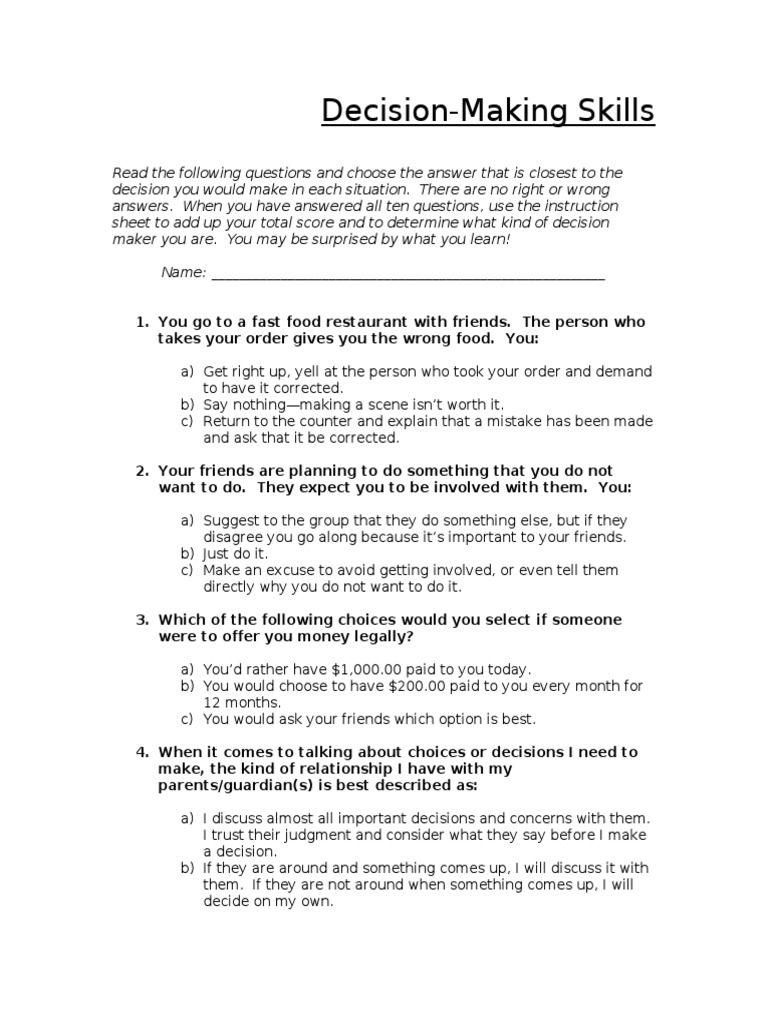 Decision Making Skills Questionnaire | Download Free PDF | Decision Making
