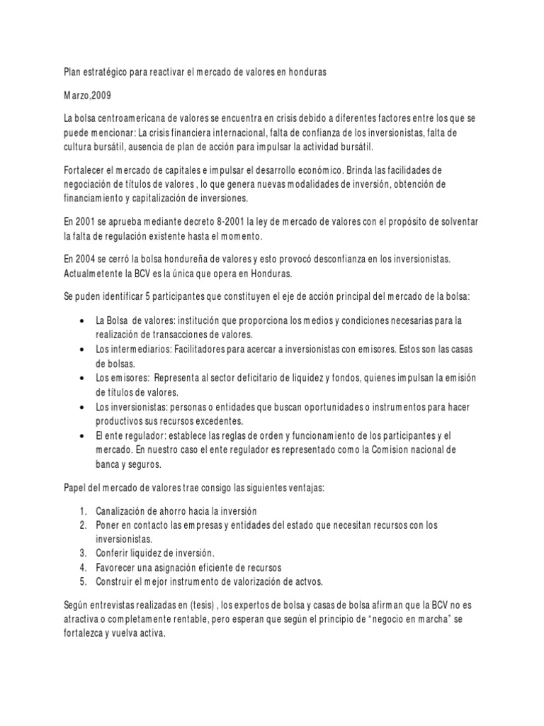 Reactivación del Mercado de Valores en Honduras | PDF | Bolsa | Bolsa ...