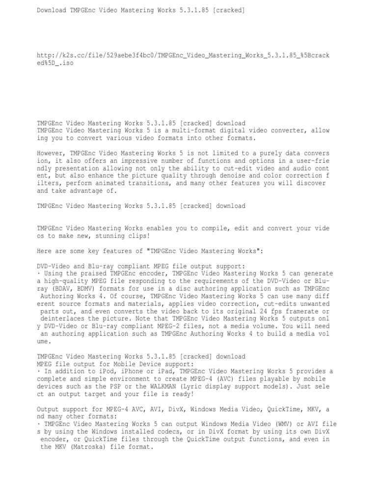 Tmpgenc Video Mastering Works 5 3 1 85 Cracked Pdf Blu Ray Video