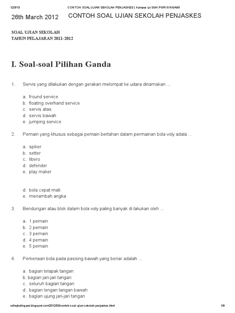 Contoh Soal Ujian Sekolah Penjaskes