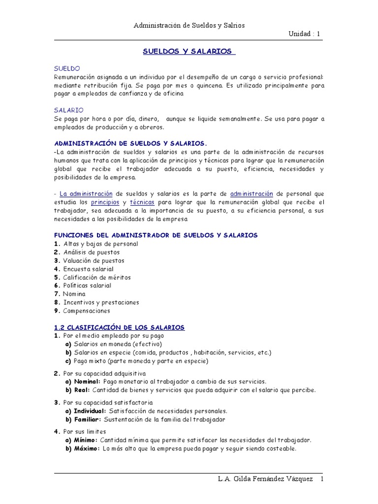 Sueldos y Salarios Unidad 1 | PDF | Salario | Compensación laboral