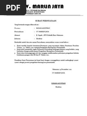 Surat Pernyataan Tidak Pailit Dan Tidak Masuk Daftar Hitam Pdf
