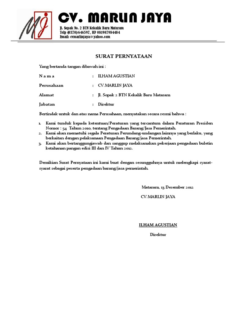 Surat Pernyataan Tidak Pailit Dan Tidak Masuk Daftar Hitam