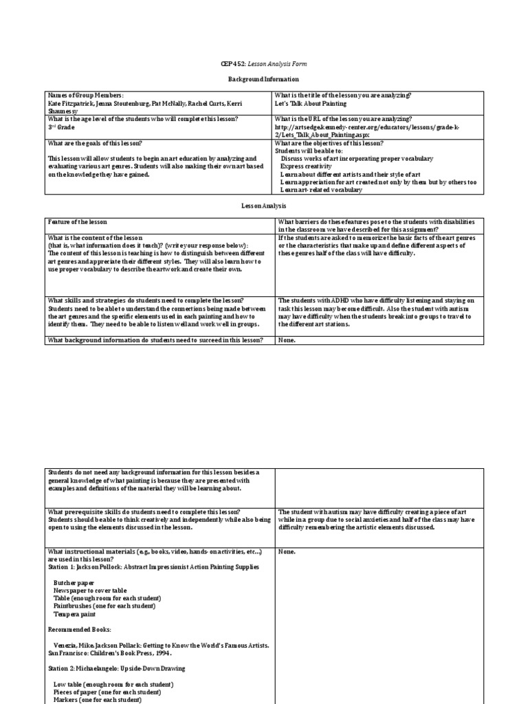 Lesson Analysis Udl Checklist Udl Lesson Plan PDF Behavioural