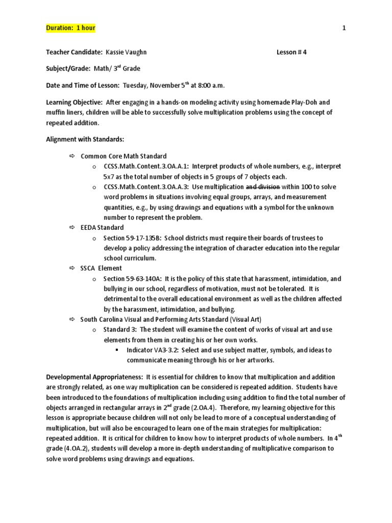 Lesson Plan 4 Multiplication As Repeated Addition - Clinical 429 | PDF ...