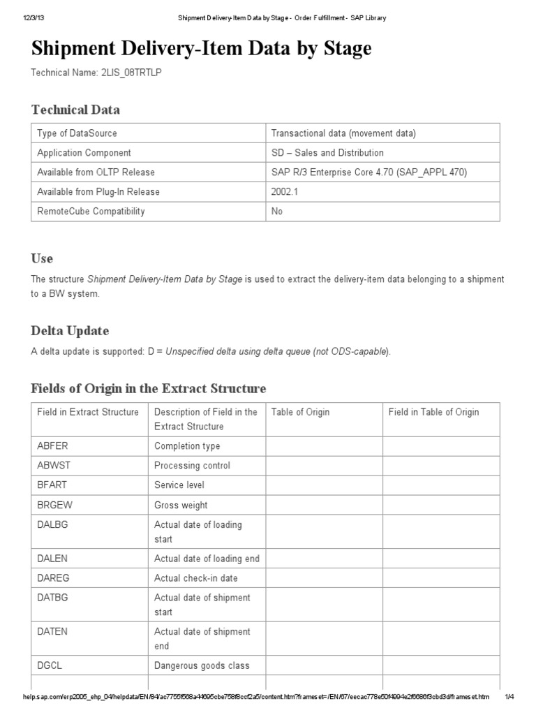 Shipment Delivery-Item Data by Stage - Order Fulfillment - SAP Library ...