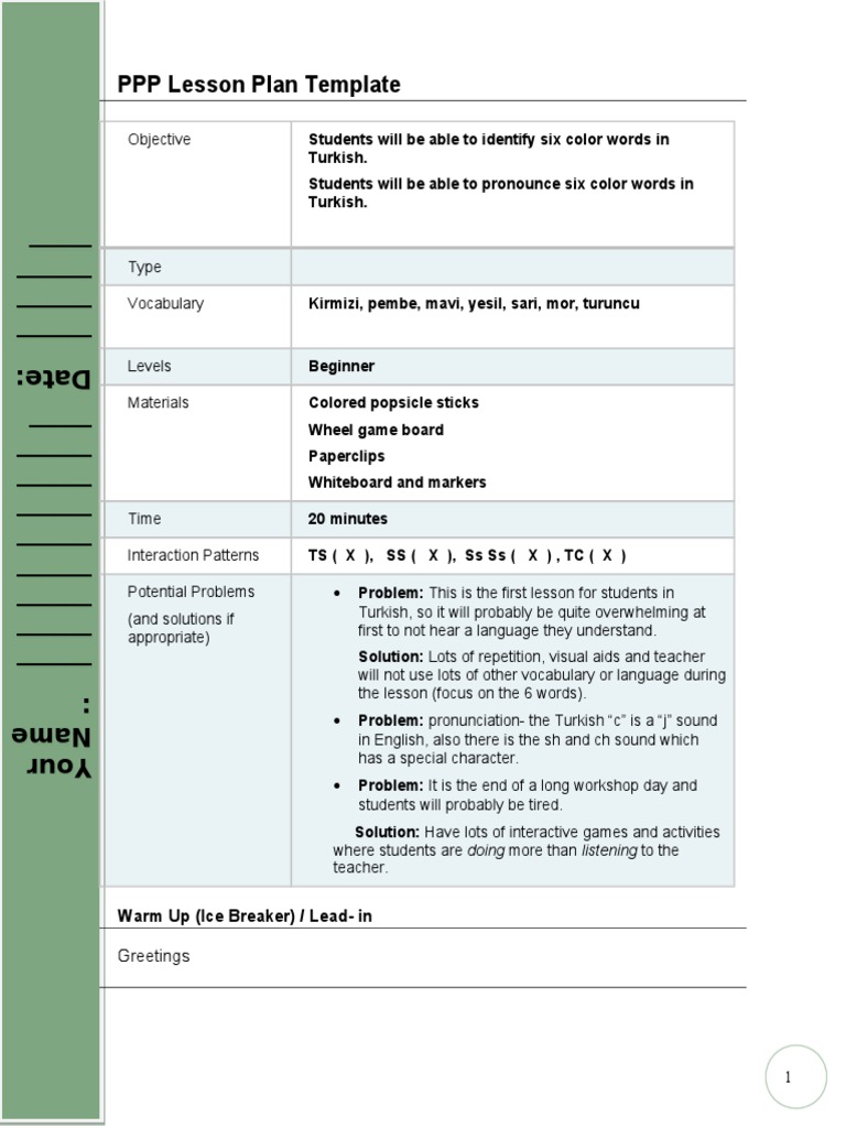 PPP Lesson Plan Template Communication Learning