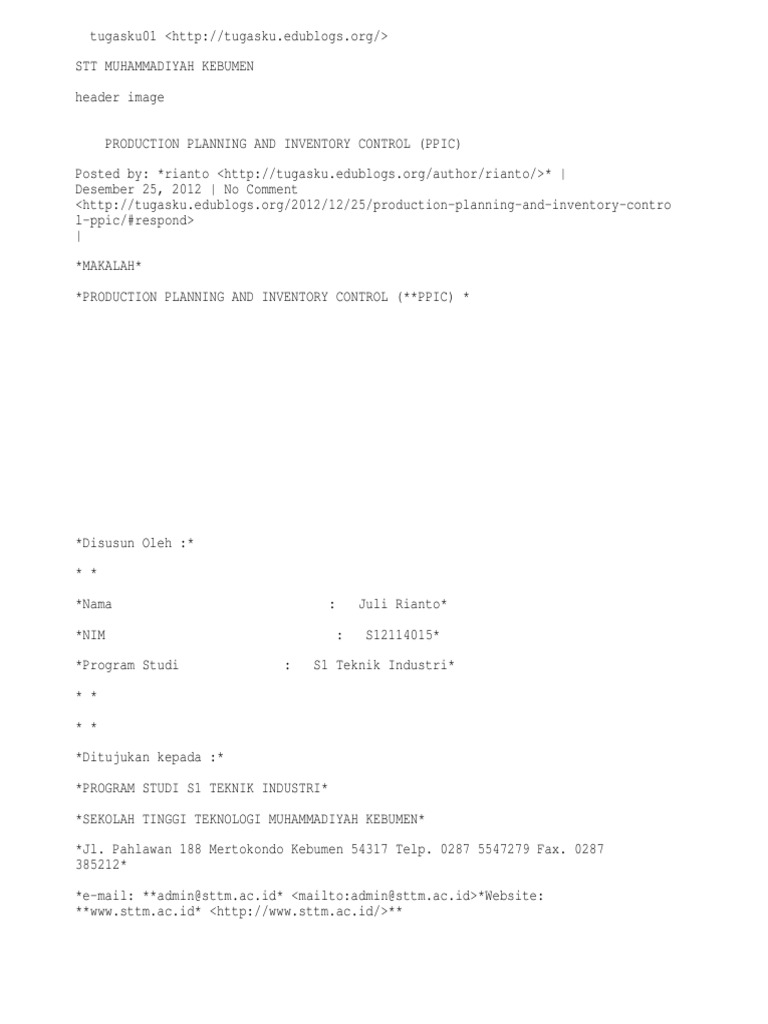 Tugasku013 - Production Planning and Inventory Control (Ppic) | PDF