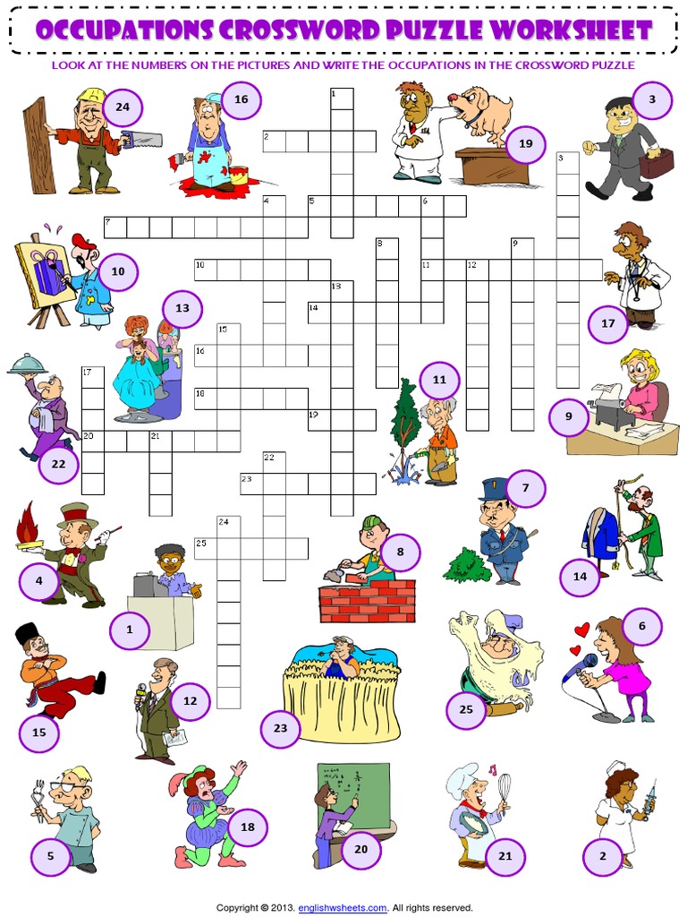 Jobs Occupations Professions Criss Cross Crossword Puzzle Vocabulary Worksheet Leisure