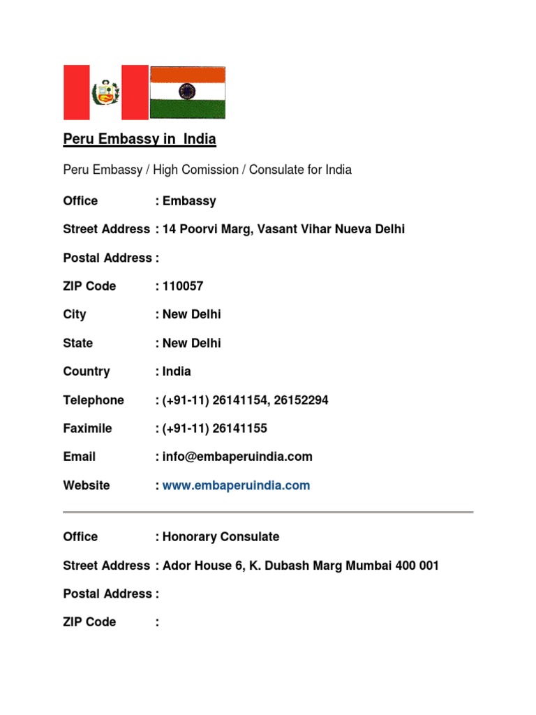 Peru Embassy Contact Information in India | PDF