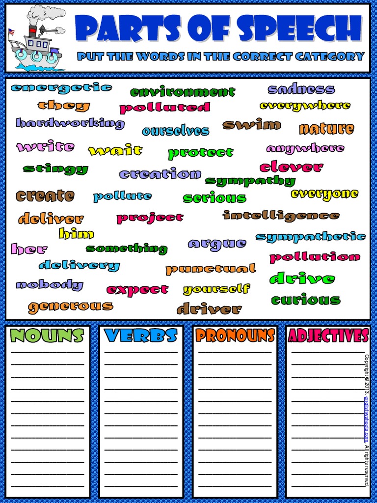 parts of speech verbs nouns adjectives pronouns worksheet pdf