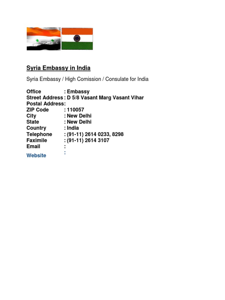 Syria Embassy Contact Information India | PDF