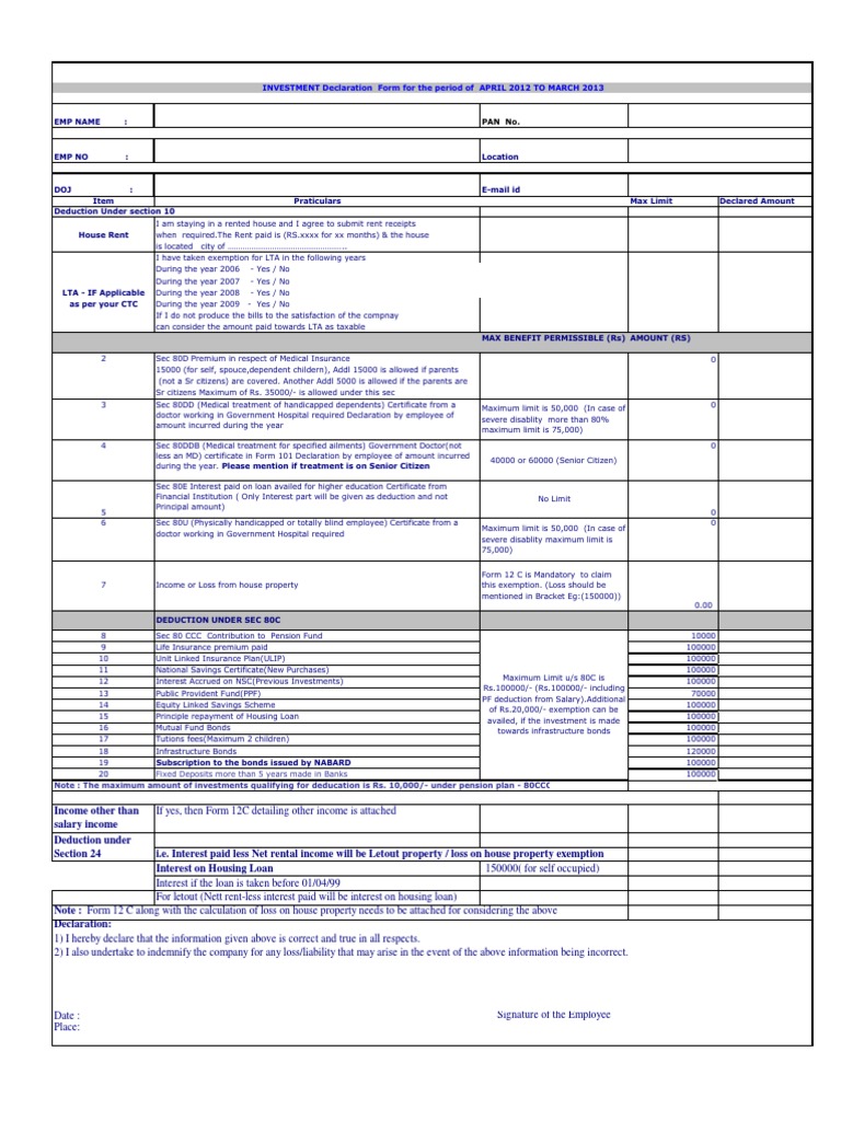 Investment Declaration Form 201213 PDF PDF Investing Government