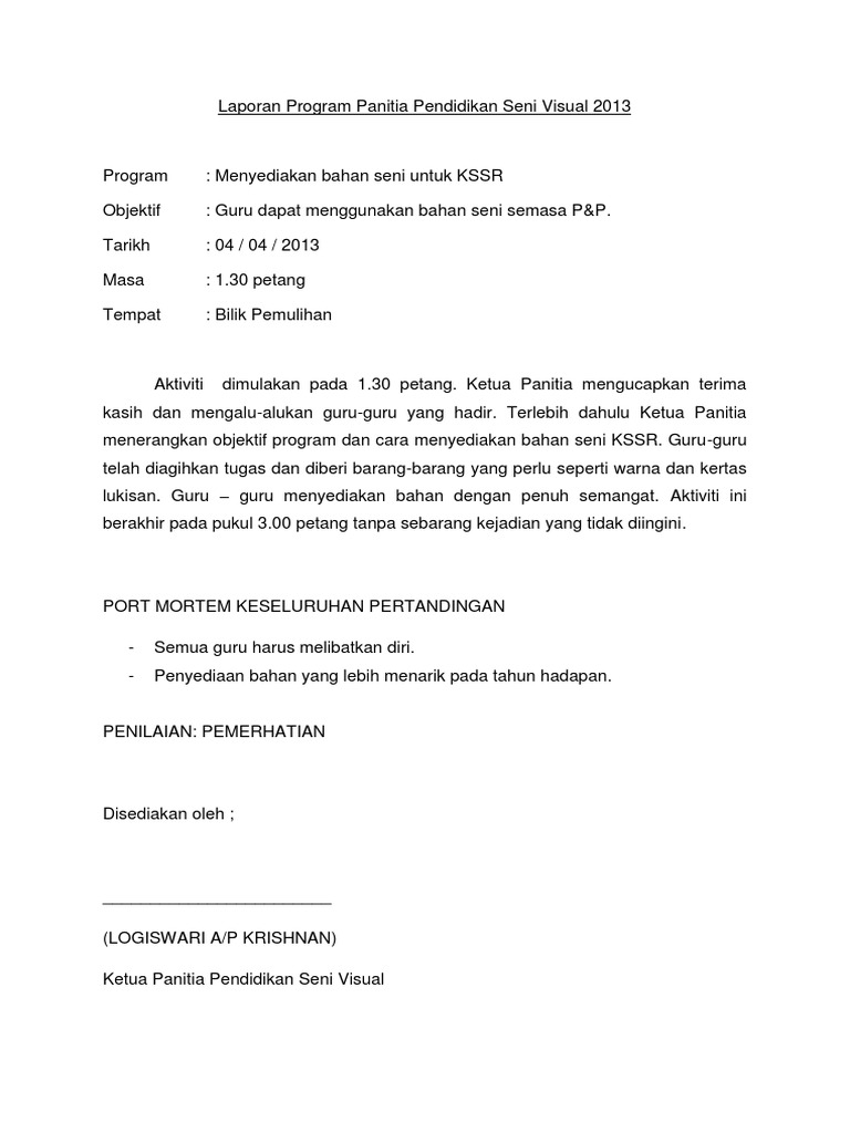 Contoh Laporan Aktivii Pend Seni