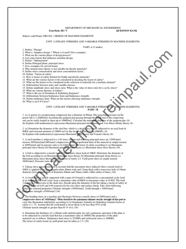 Machine Design Question Bank and Design Problems Covering Shafts, Keys