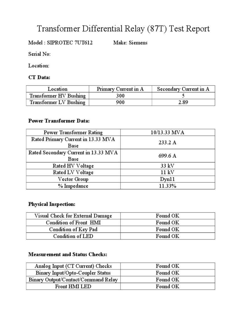 Transformer Differential Relay Test Report PDF