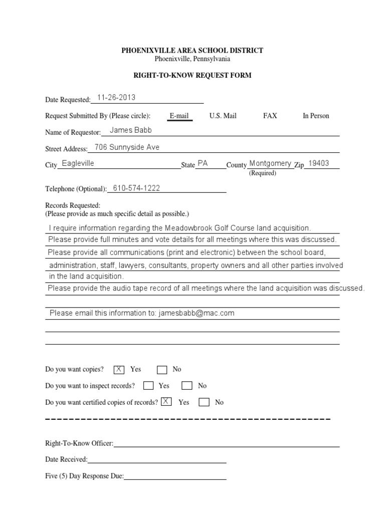 Phoenixville School District RTK Form | PDF | Communication | Government