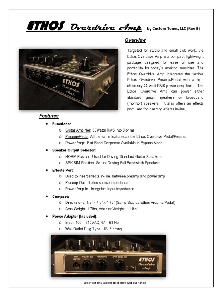 Ethos Overdrive Amp Spec Sheet RevB PDF Amplifier Electronic