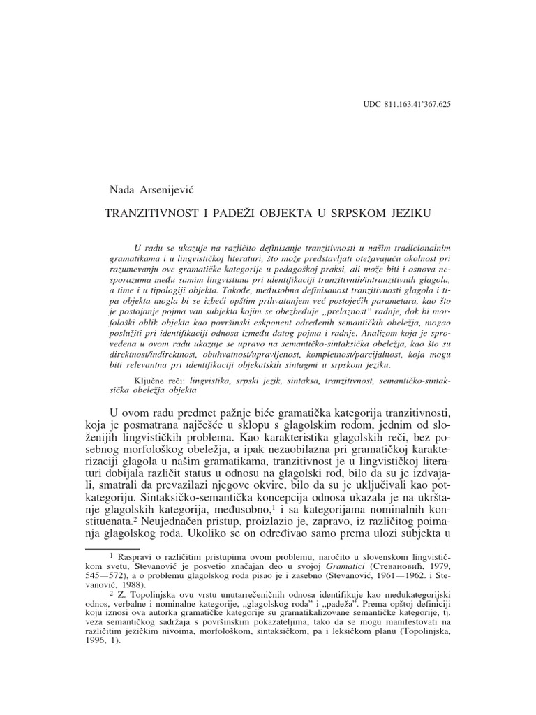 Nada Tranzitivnost i Padezi Objekta u Srpskom