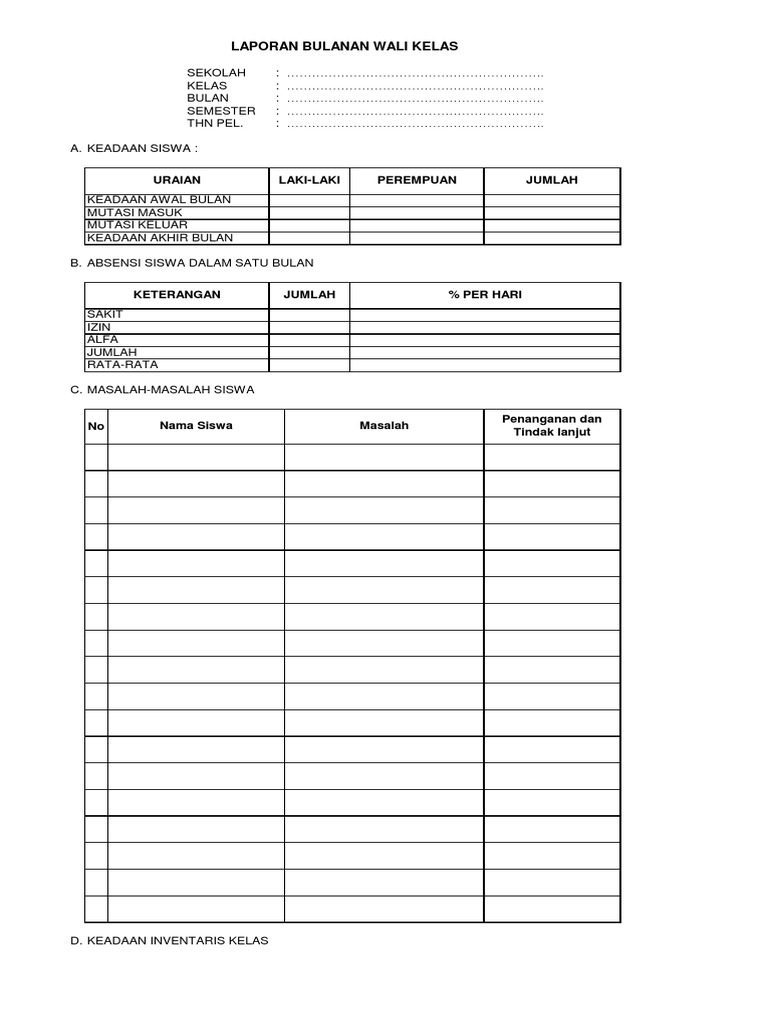 Format Laporan Bulanan Wali Kelas Seputar Laporan