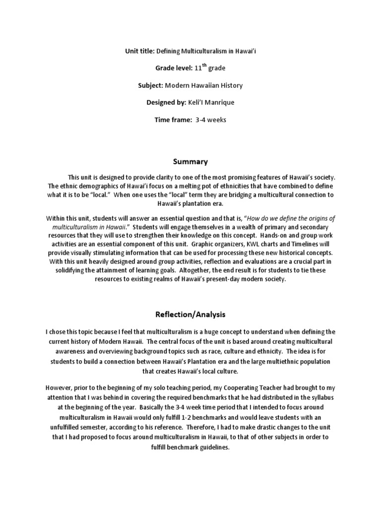 Unit Title Grade Level 11 Subject Modern Hawaiian History Designed
