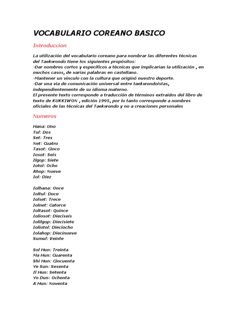 Lista De Vocabulario Coreano