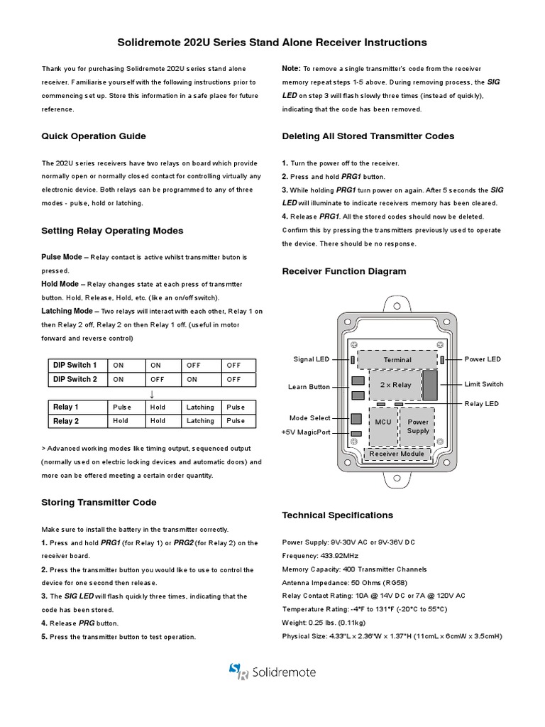 Solidremote 202U Receiver Setup Guide | PDF | Relay | Switch