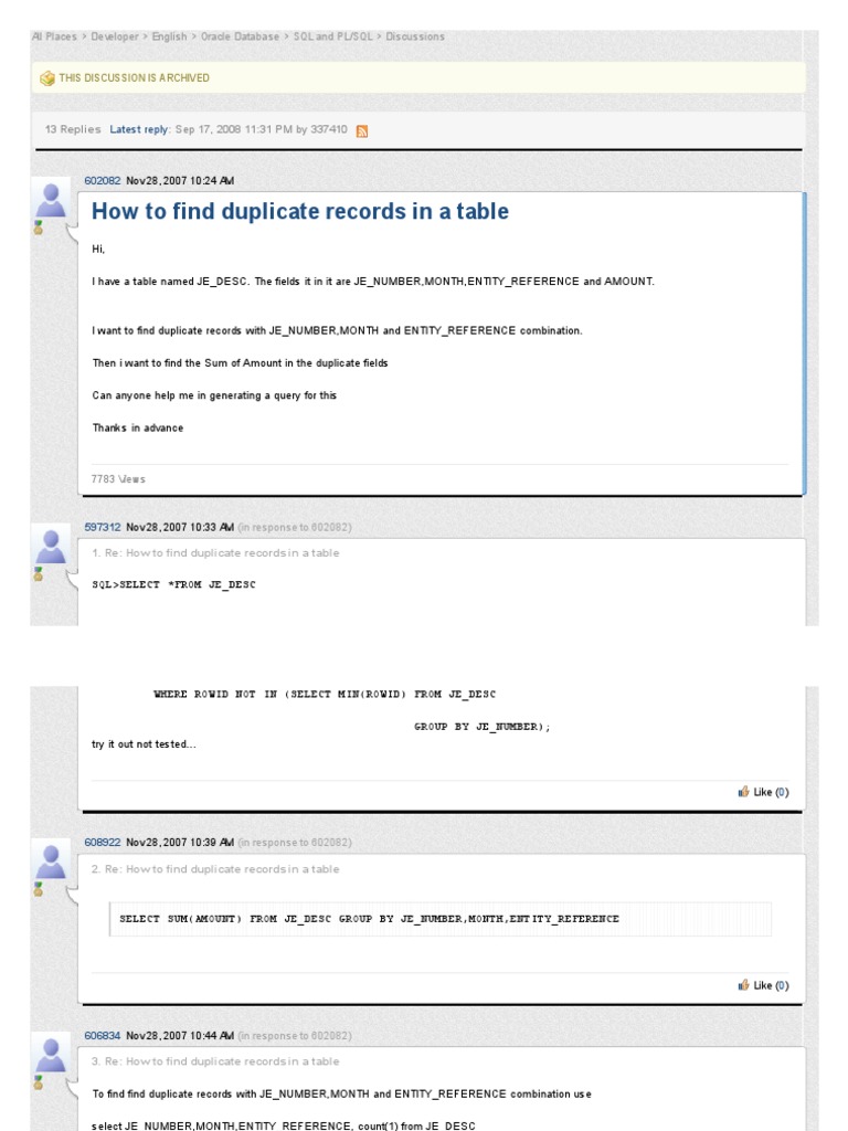 Oracle Sql Query To Find Duplicate Rows In A Table