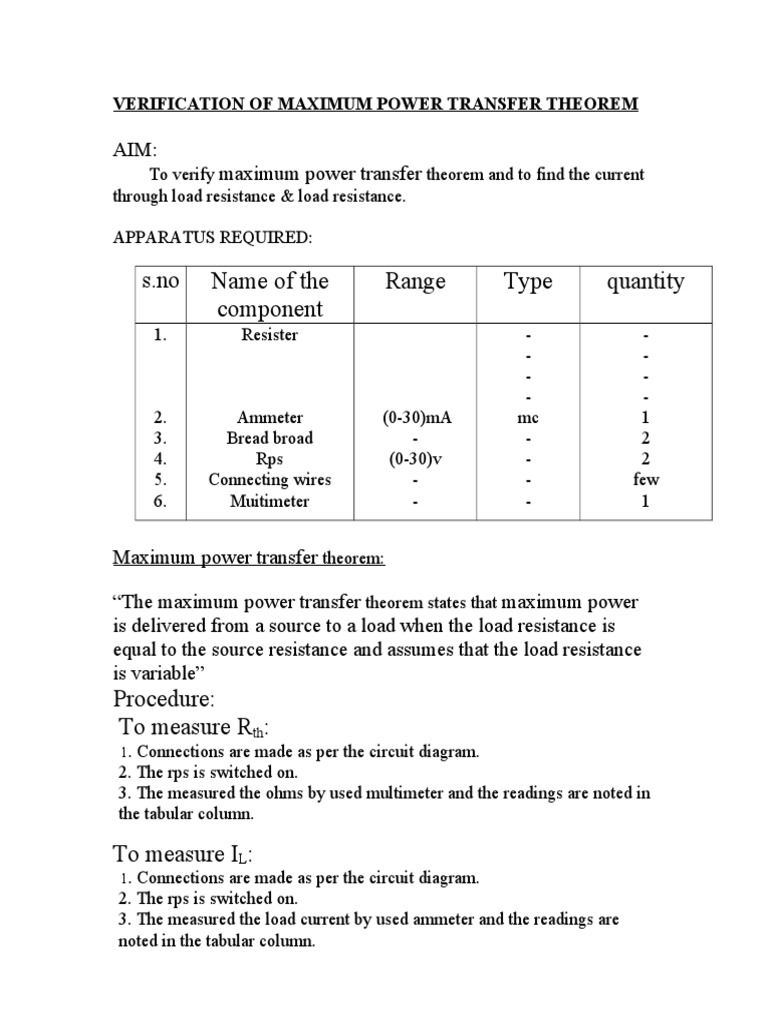 Name of The Component Range Type Quantity: Aim: Maximum Power Transfer ...