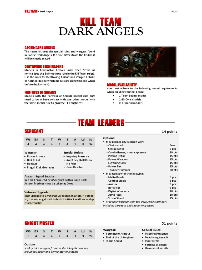Kill Team List Dark Angels v2.2 PDF Military Equipment Military