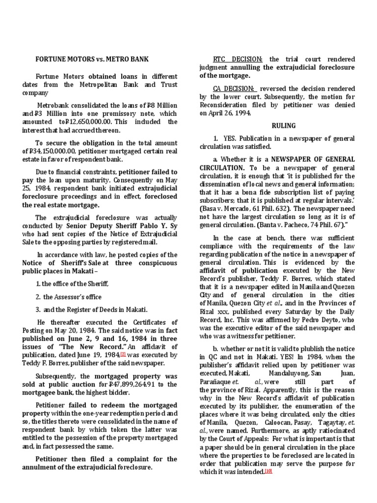 Metrobank Foreclosure Case Summary | PDF | Foreclosure | Mortgage Law