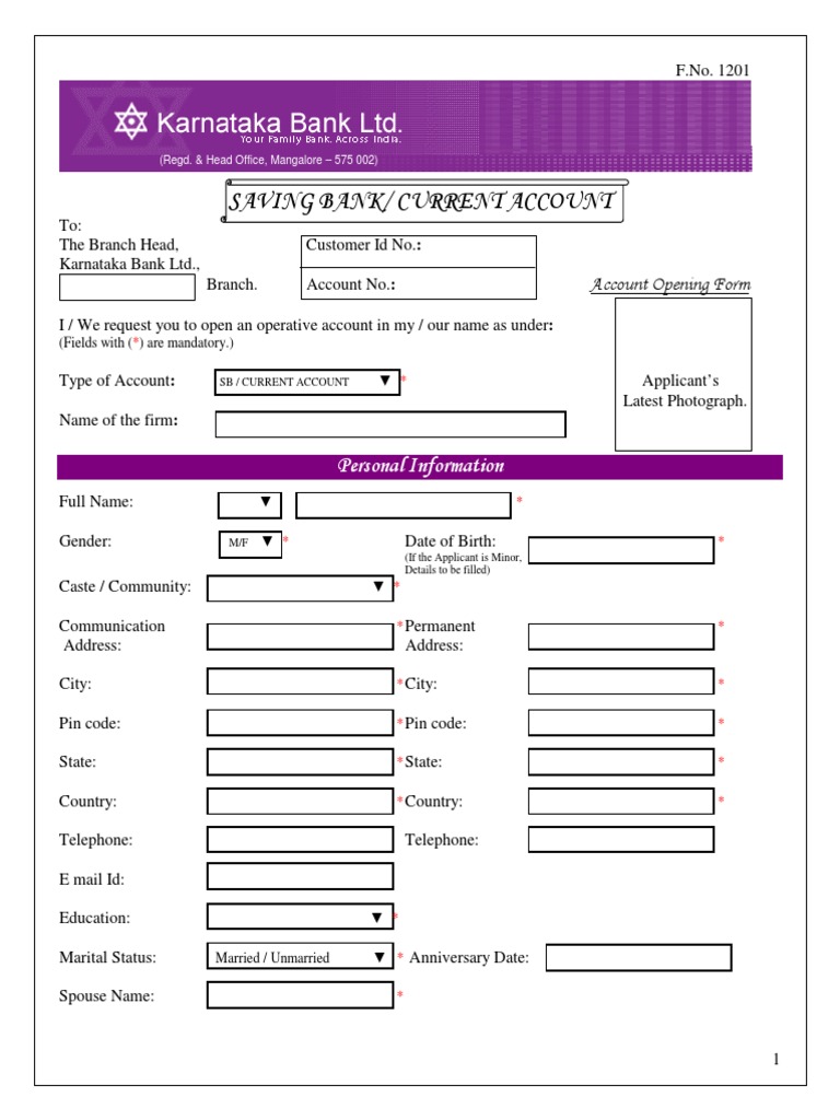 SBCAOpenForm Karnatka Bank | PDF | Identity Document | Debits And Credits