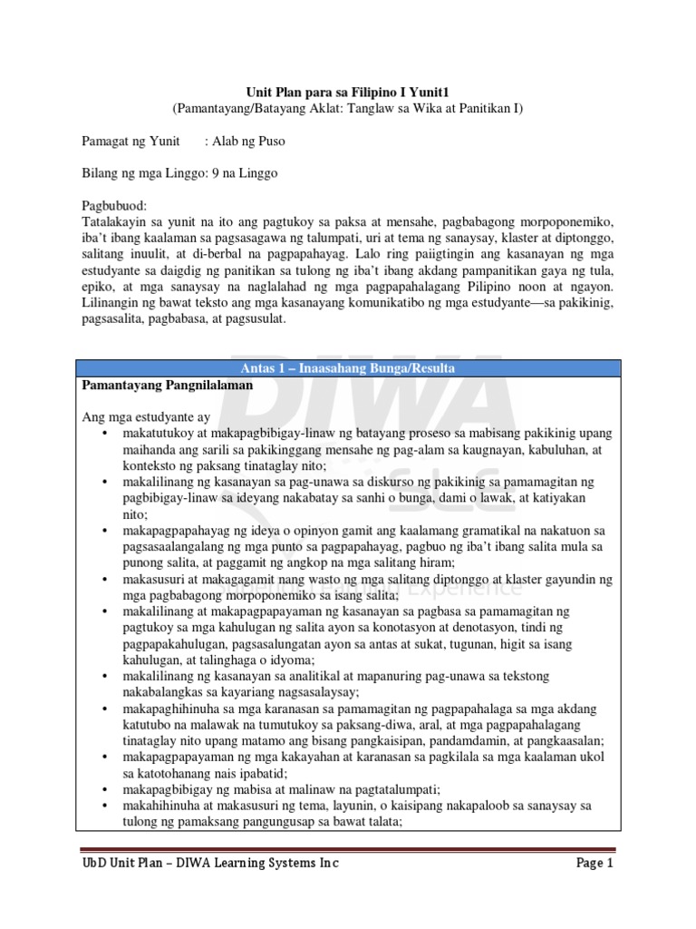 Unit Plan in Filipino | PDF