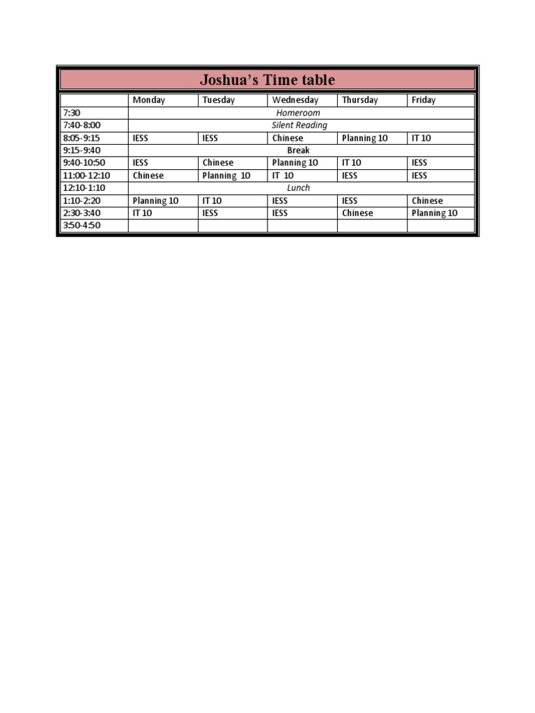 Joshua's Weekly Class Schedule | PDF | Foreign Language Studies