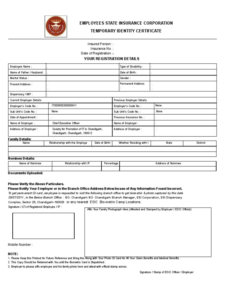 ESIC Temporary Identity Certificate Form | PDF