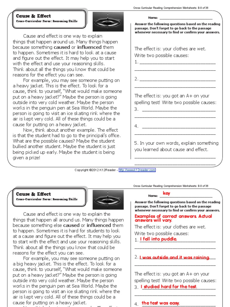 Worksheets Cross-curricular Reading Comprehension Worksheets cause and effect causality reading process
