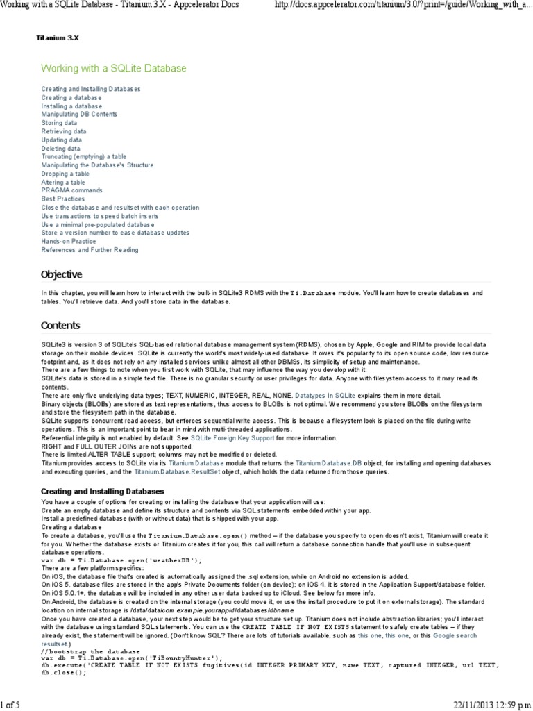Working With A SQLite Database - Titanium 3 | PDF | Databases | Ios