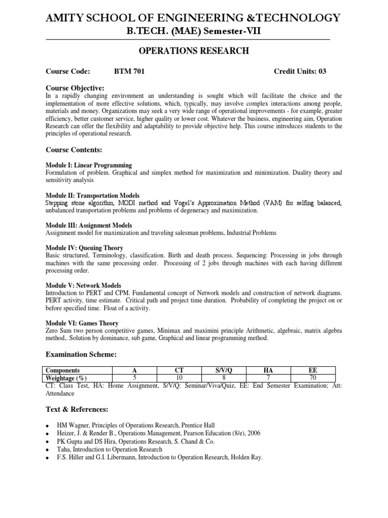 Operations Research Course Syllabus | PDF | Operations Research ...