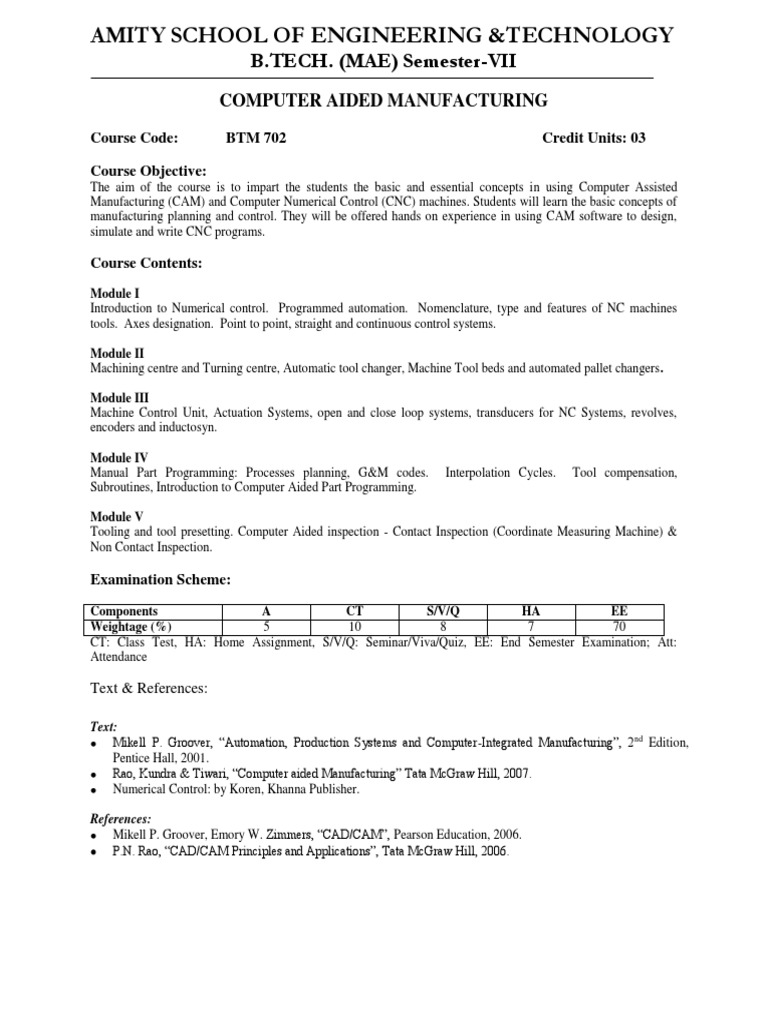Computer Aided Manufacturing Syllabus