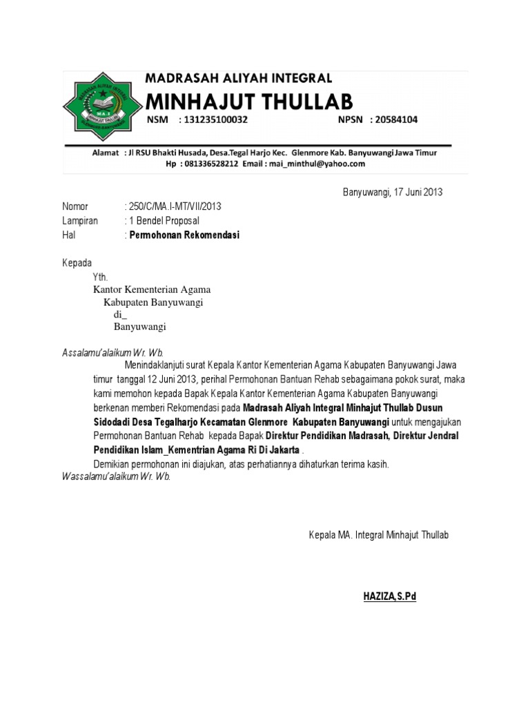 Surat Rekomendasi Ke Kemenag 