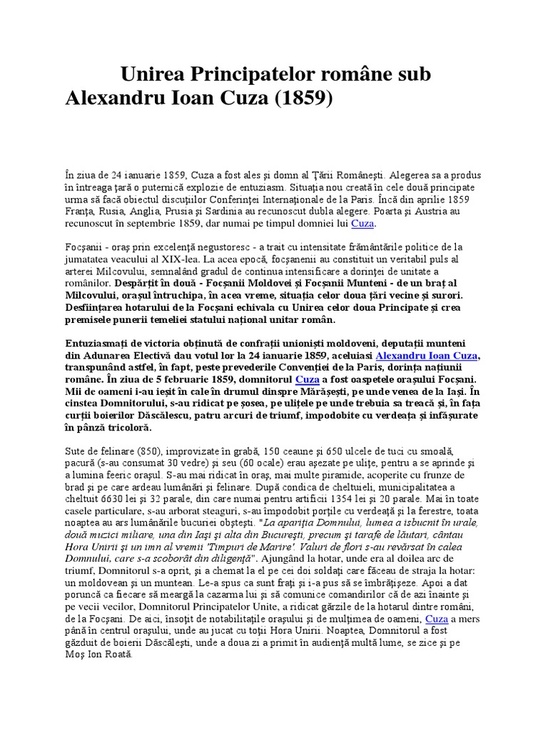 Unirea Principatelor Romane Sub Alexandru Ioan Cuza