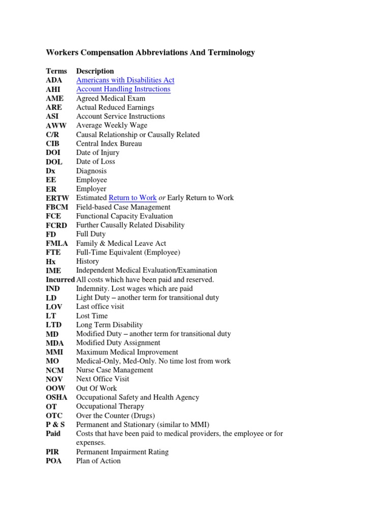 Workers Compensation Abbreviations and Terminology | Workers ...