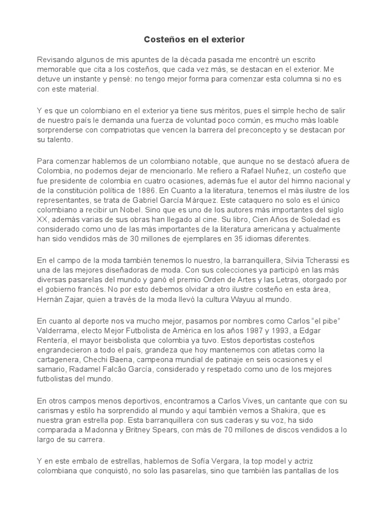 Costeños Destacados en el Exterior PDF Colombia
