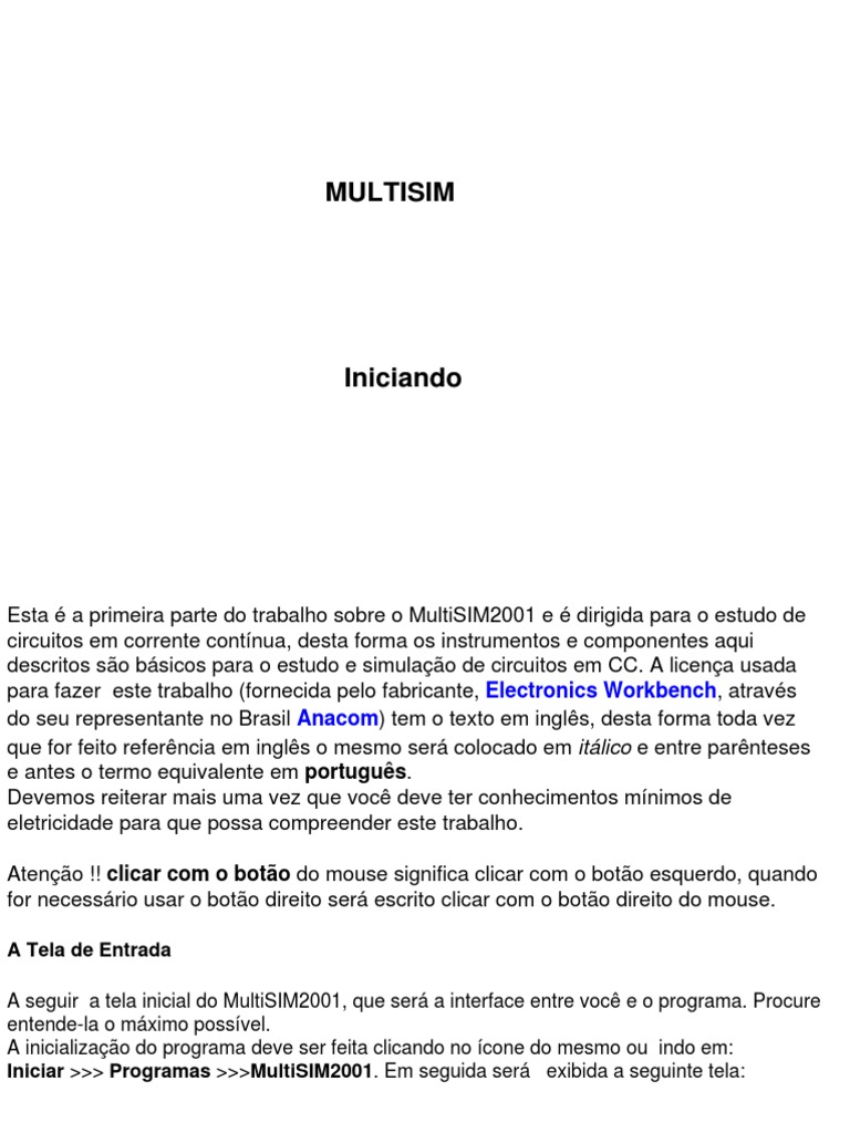 Apostila de Multisim 2001 | PDF | Rede elétrica | Corrente alternada