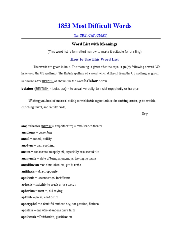 1853 Most Difficult Words For GRE CAT GMAT | PDF
