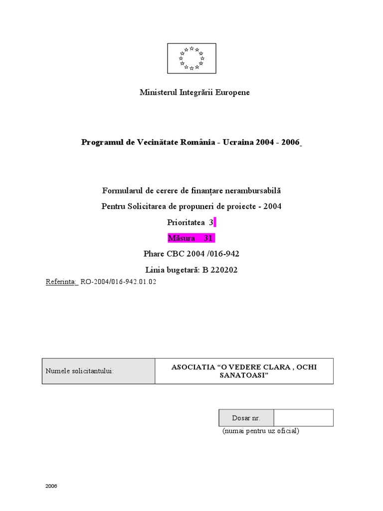 Annex A Formular de Cerere de Finantare Nerambursabila