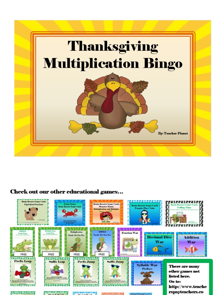 Thanksgiving Multiplication Bingo | PDF | Games & Activities | Home ...