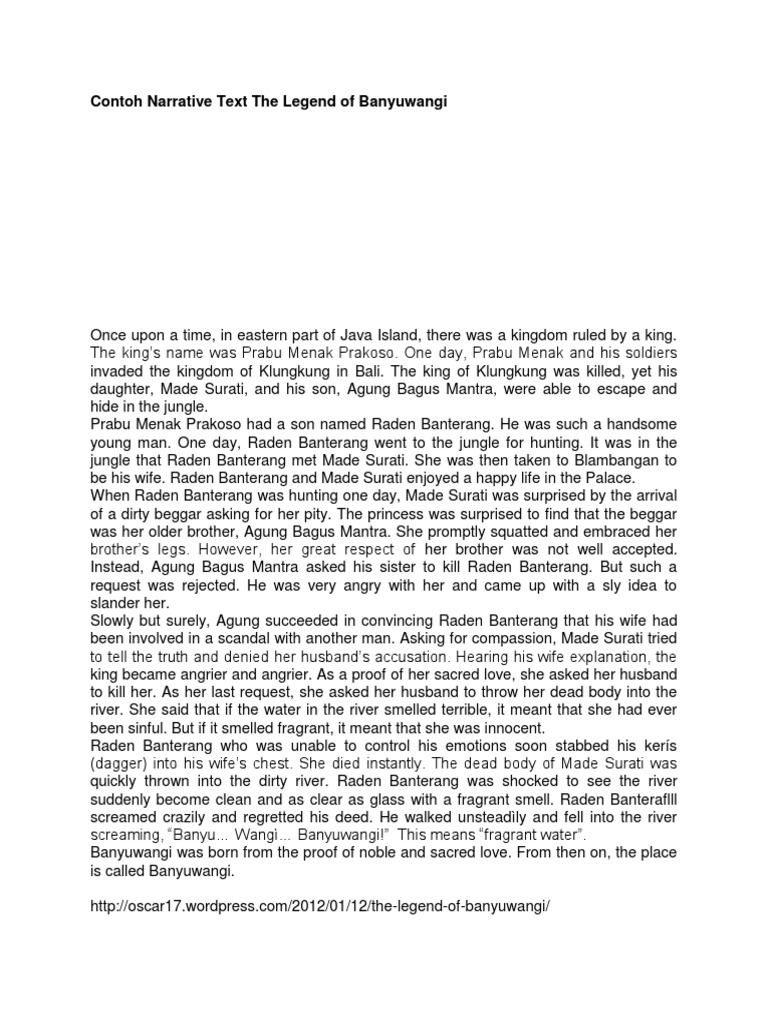 Contoh Narrative Text The Legend Of Banyuwangi Violence